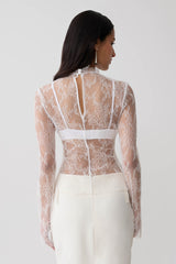Alizette High Neck Long Sleeve Lace Top - Ivory