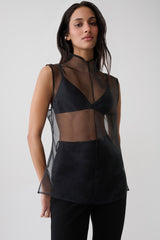 Lillian High Neck Sheer Sleeveless Top - Black