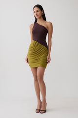 Halo Asymmetric Two Toned Mini Dress - Green/Chocolate