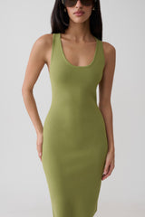 Leah Racer Back Knee Length Knit Dress - Olive