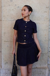 Bethany Short Sleeve Buttoned Denim Top - Washed Indigo Blue