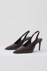 Samar Pointed Sling Back Heels - Chocolate Croc