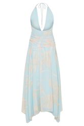 Cyra Plunge Chiffon Midi Dress - Blue Floral Print