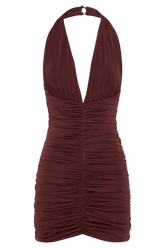 Fleur Ruched Slinky Mini Dress - Mahogany