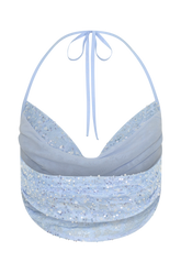 Kiara Pearl Beaded Cowl Crop Top - Powder Blue