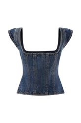 Loretta Cap Sleeve Denim Top - Washed Dark Blue