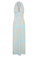 Nadine Halter Scarf Chiffon Maxi Dress - Blue Floral Print