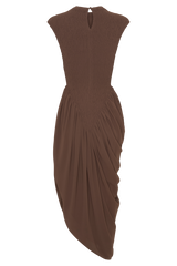 Nola Shirred Asymmetric Midi Dress - Mocha