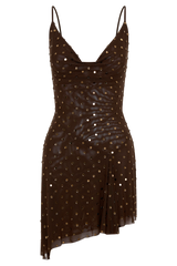 Zahra Diamante Cowl Mini Dress - Chocolate