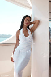 Daniela Ruched Halter Midi Dress - White