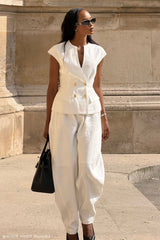 Oriana Linen Button Vest - White