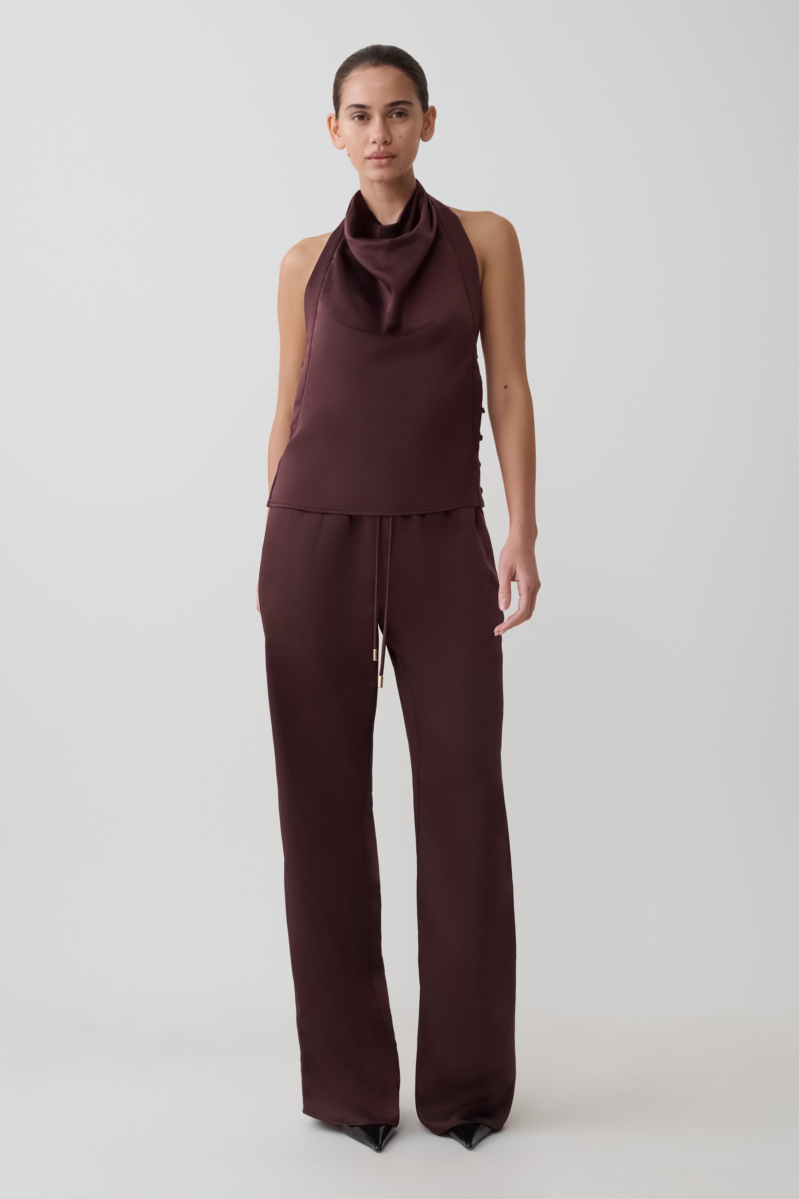 Danica Straight Leg Satin Pants - Mahogany