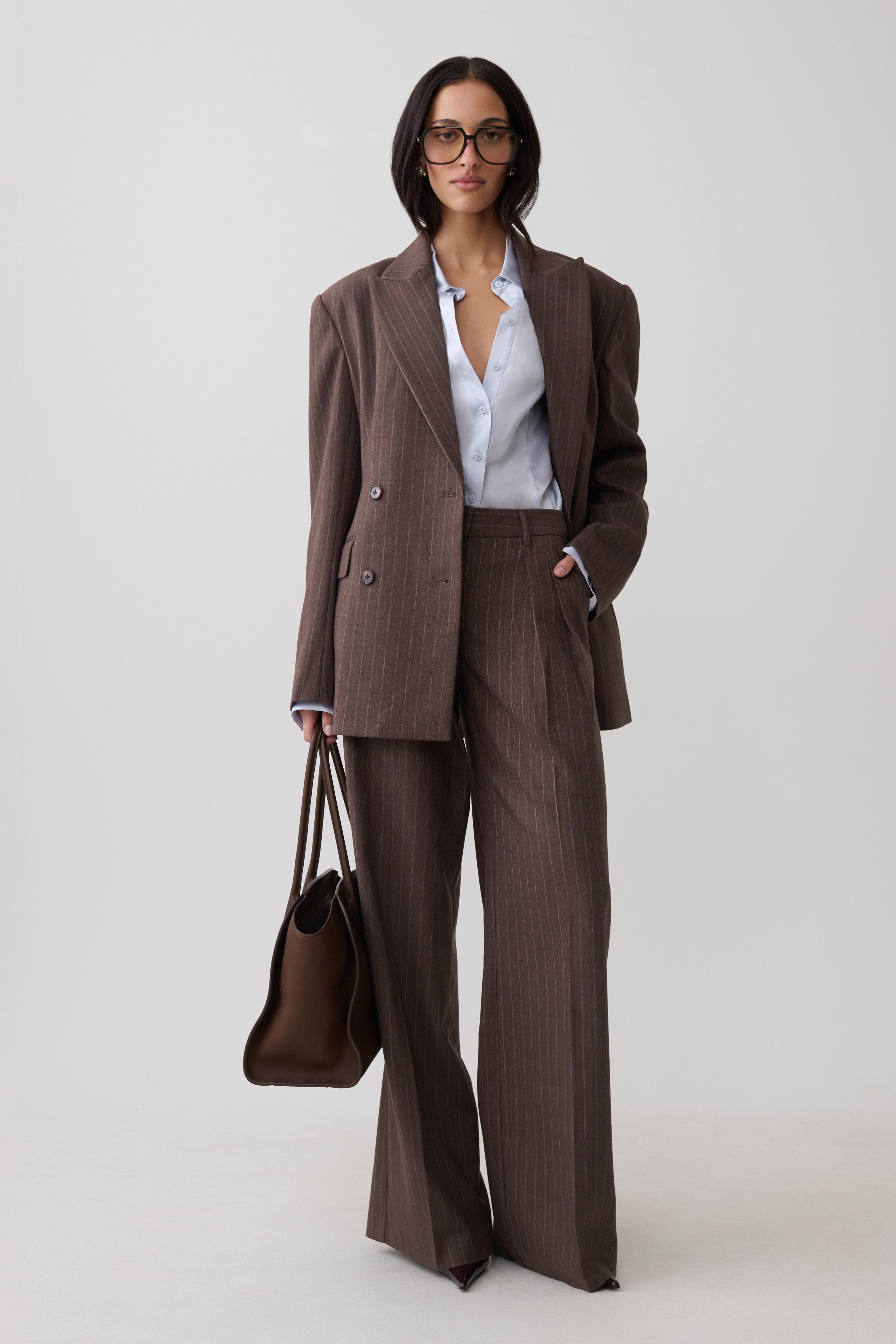 Phoebe Double Breasted Blazer - Brown Stripe