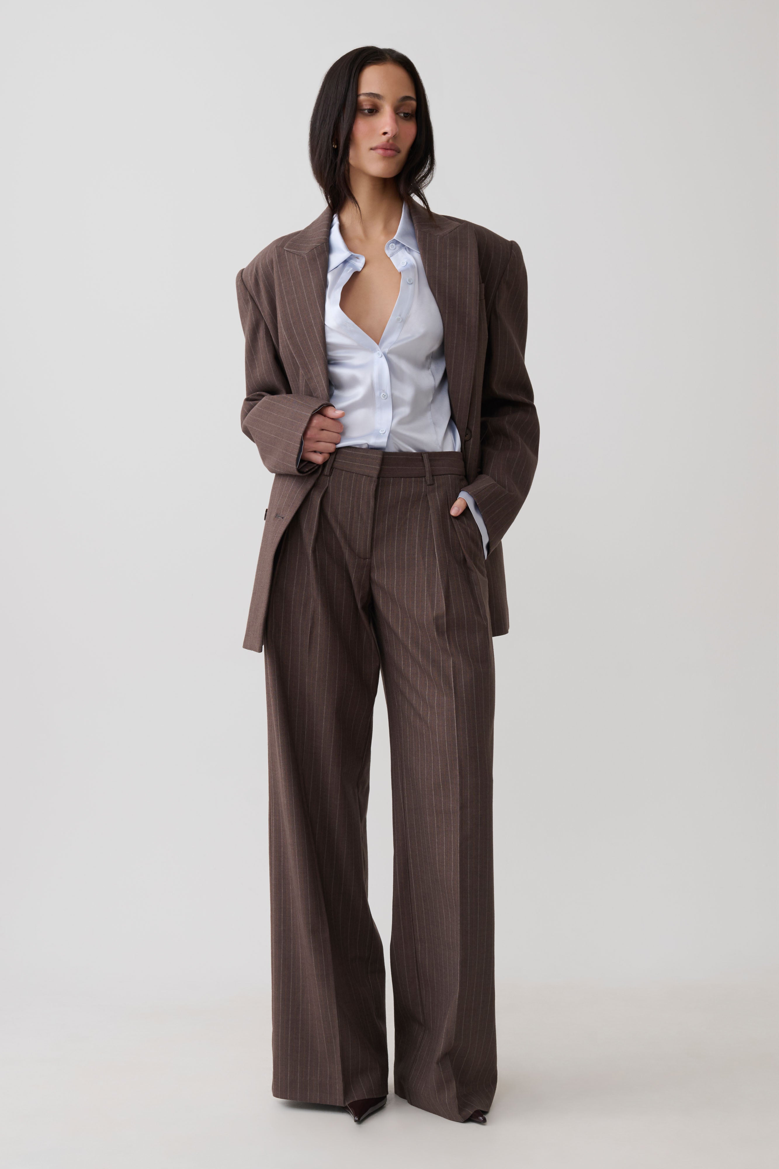 Phoebe Straight Leg Suiting Pants - Brown Stripe