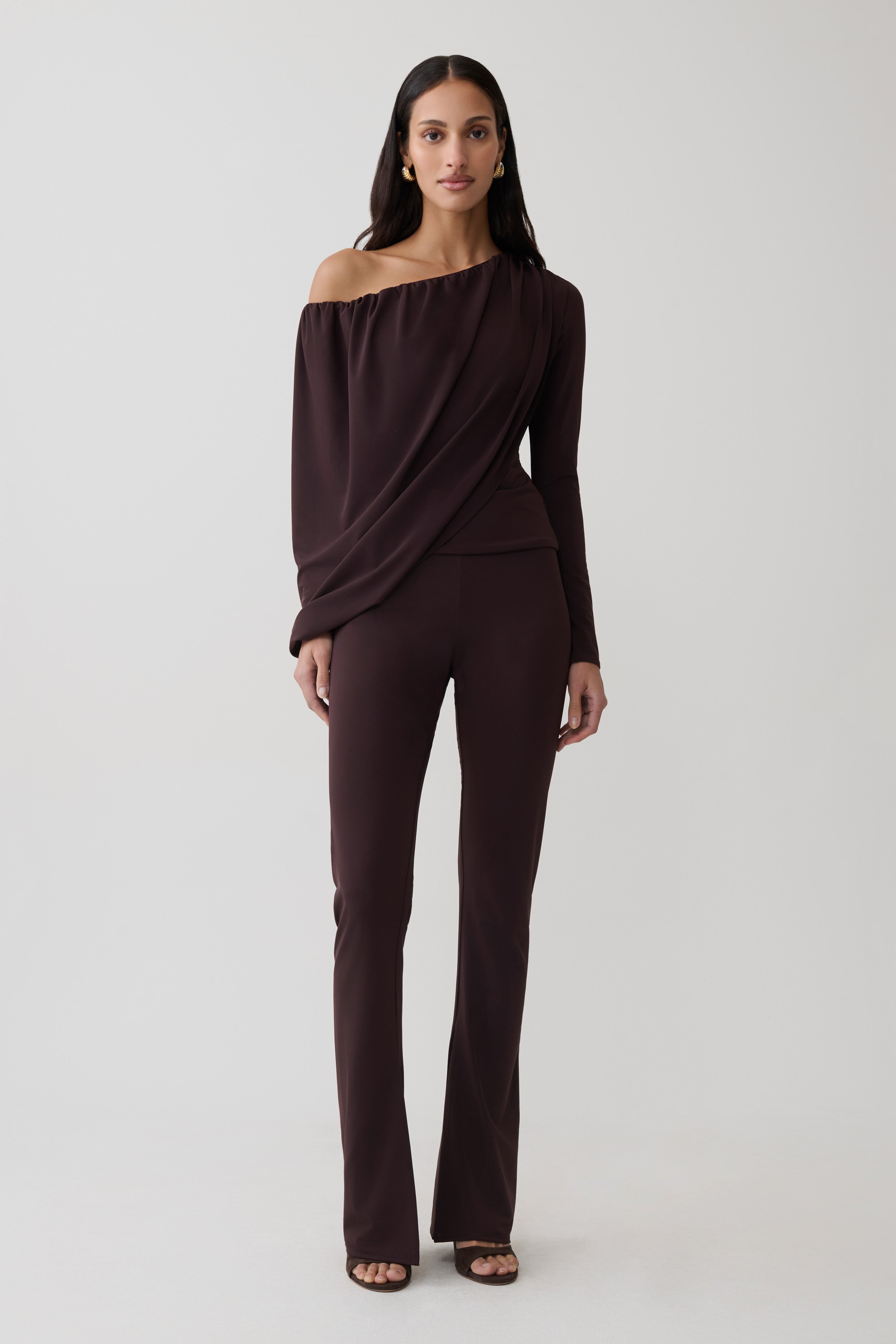 Yuri Long Sleeve Off Shoulder Draped Top - Chocolate