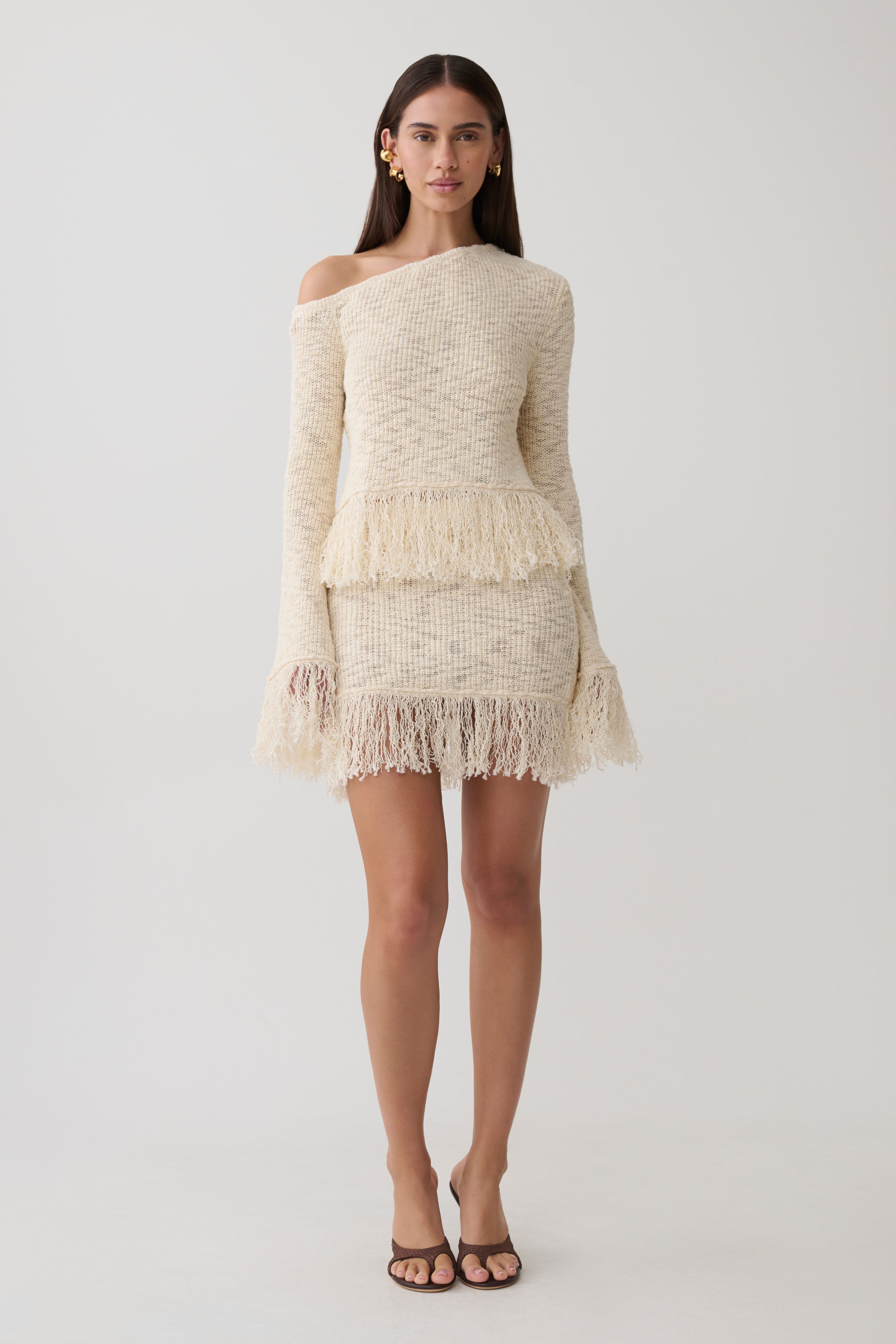 Tabitha Fringe Knit Long Sleeve Top - Cream