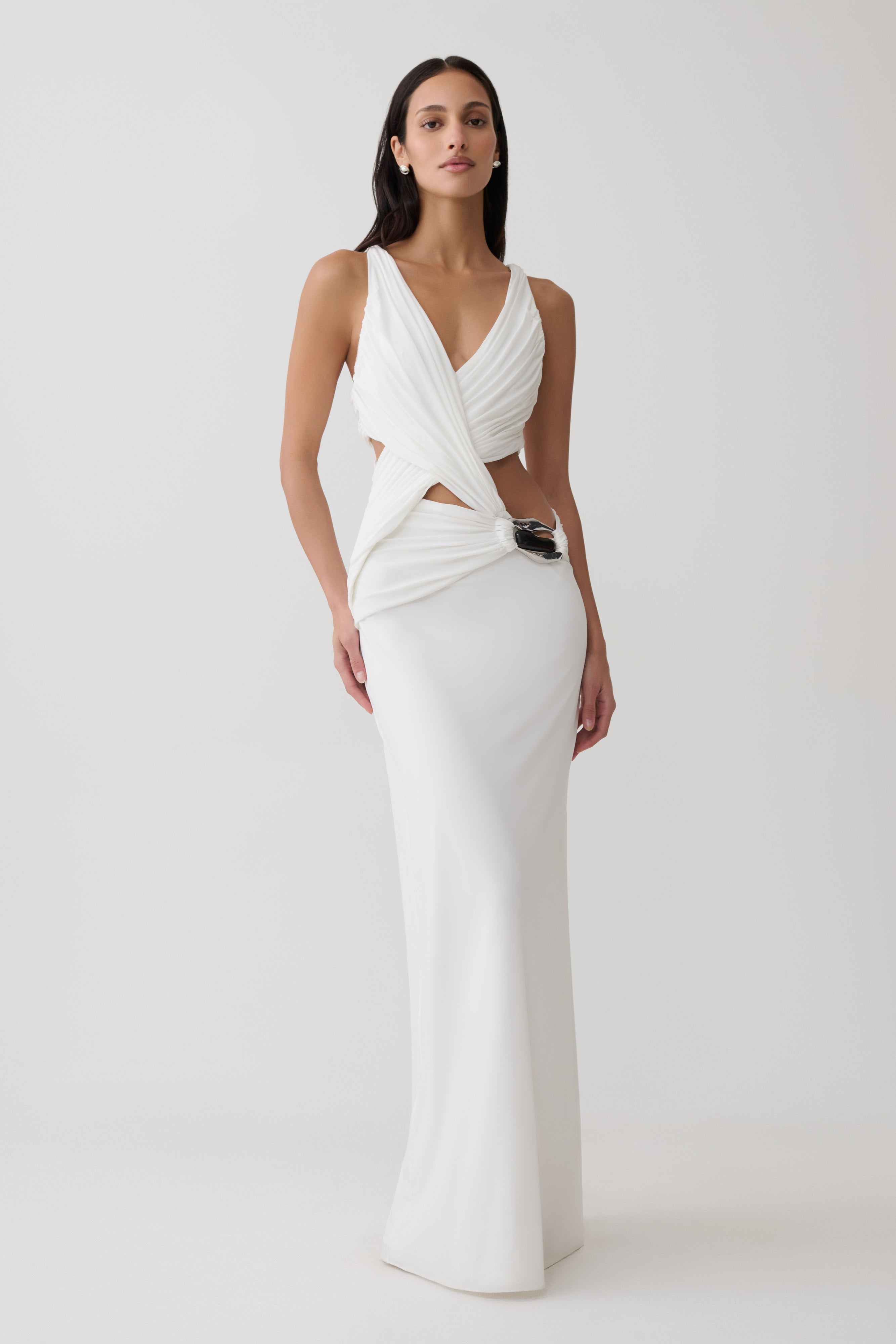 Klein Draped Jersey Gown With Hardware - White