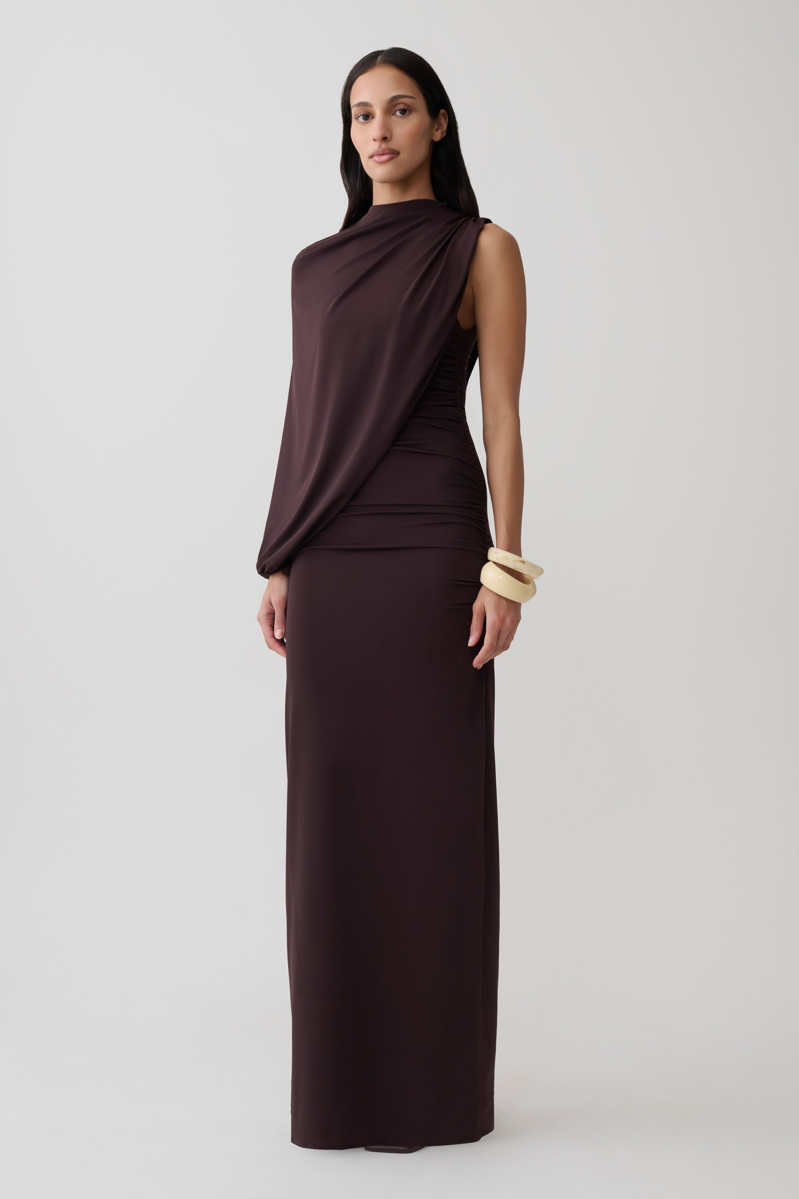 Yuri Gather Sleeve Maxi Dress - Chocolate