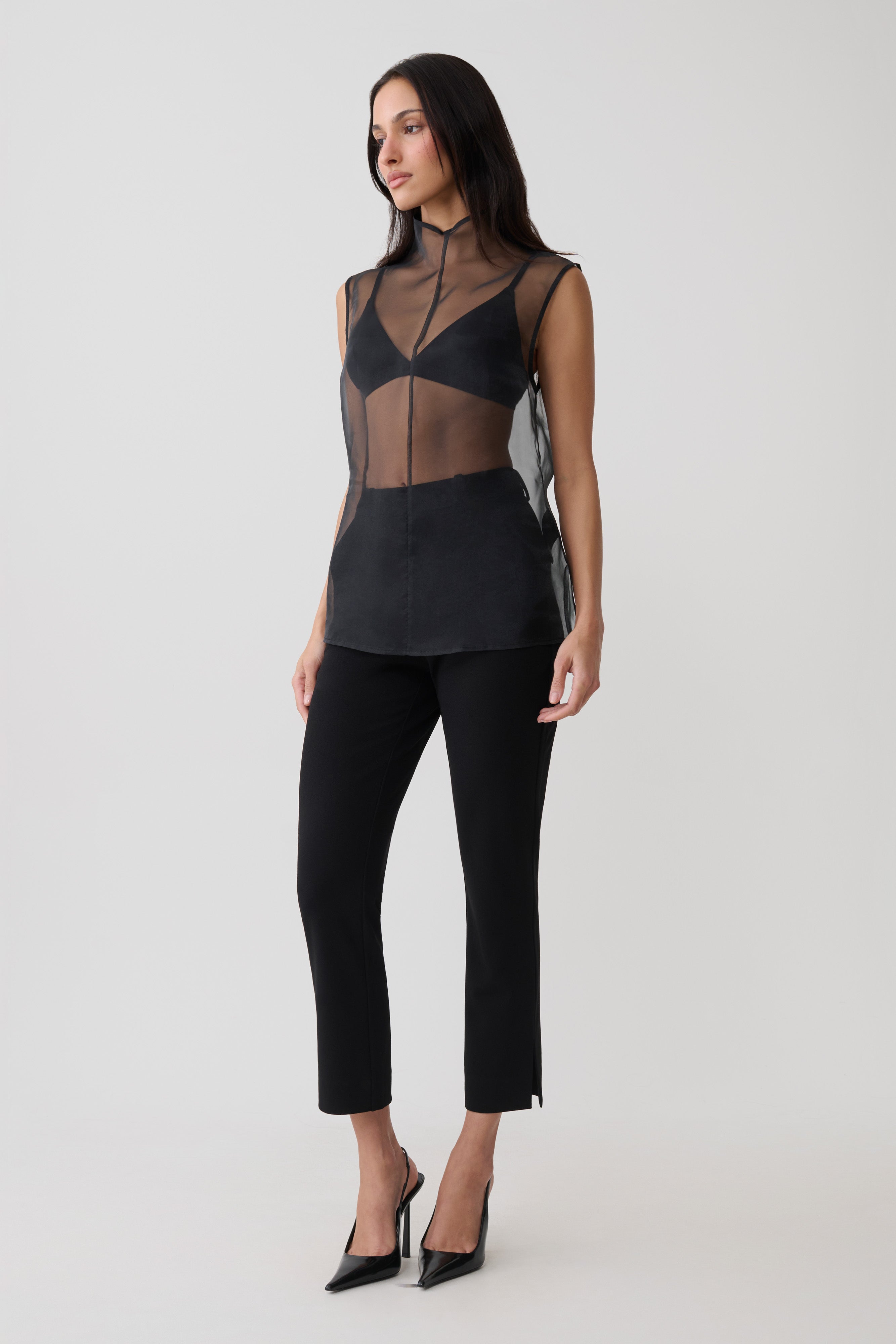Lillian High Neck Sheer Sleeveless Top - Black