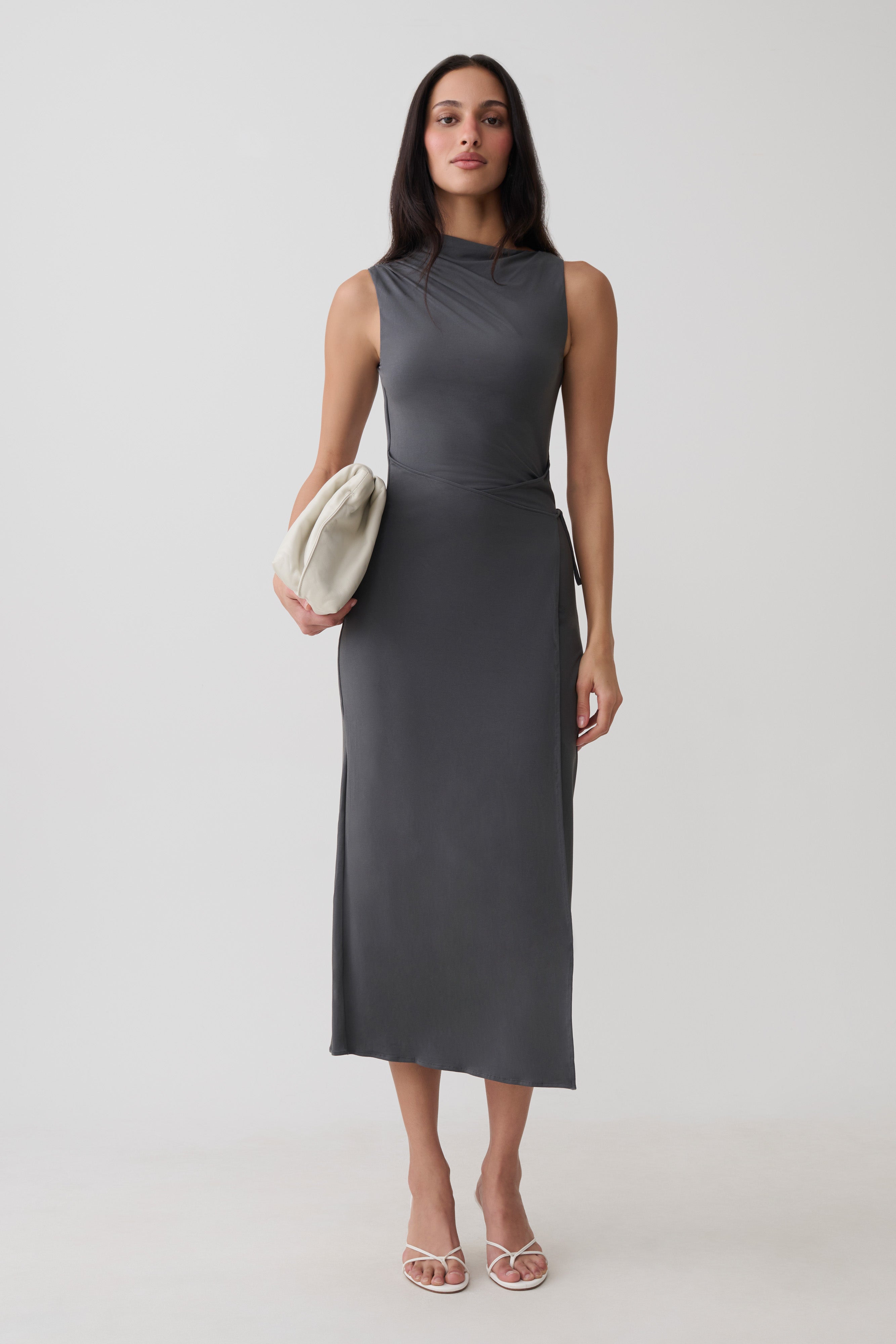 Euphemia Cupro Midi Wrap Dress - Charcoal