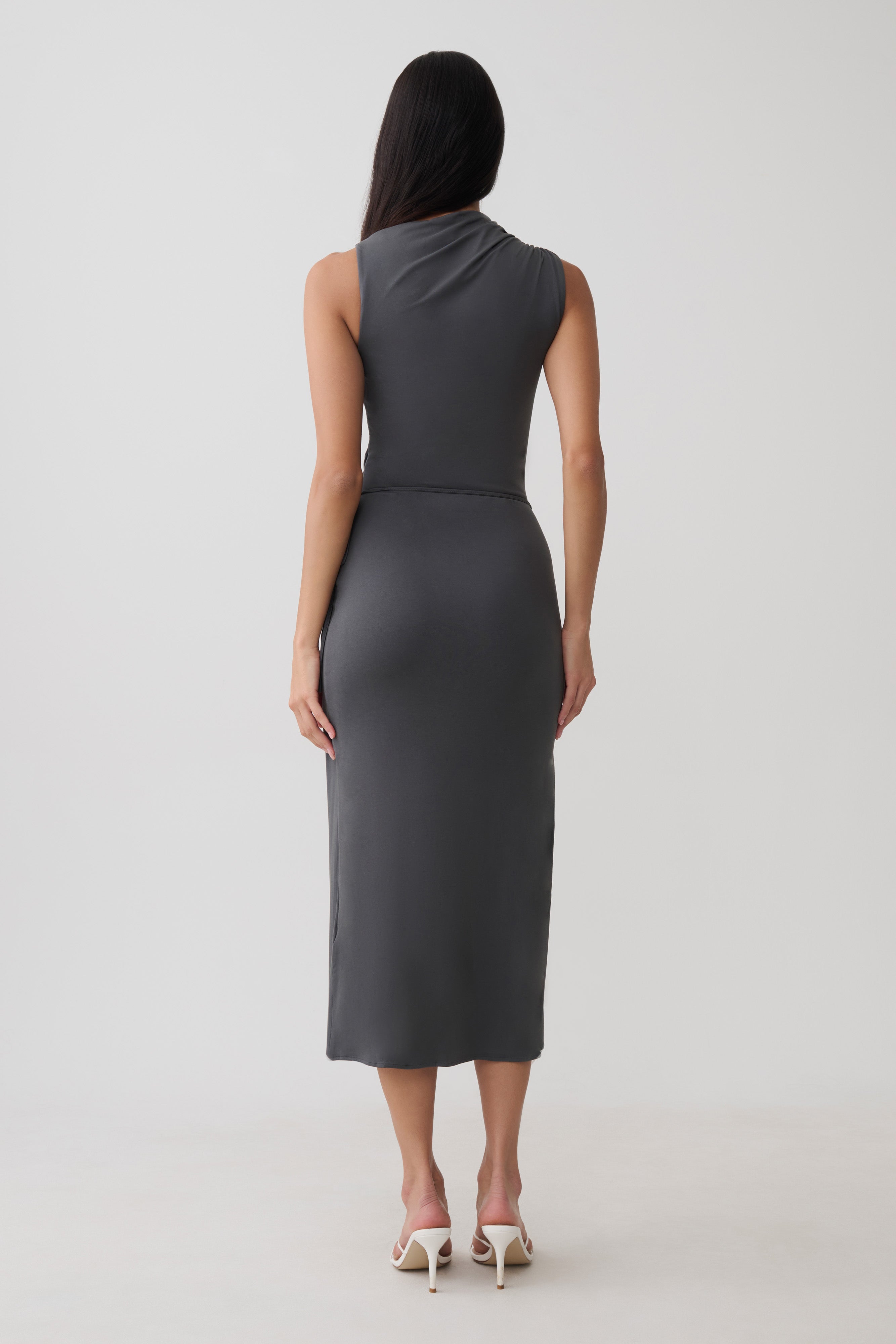 Euphemia Cupro Midi Wrap Dress - Charcoal
