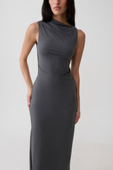 Euphemia Cupro Midi Wrap Dress - Charcoal