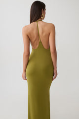Hana Slinky Plunge Maxi Dress - Martini Olive