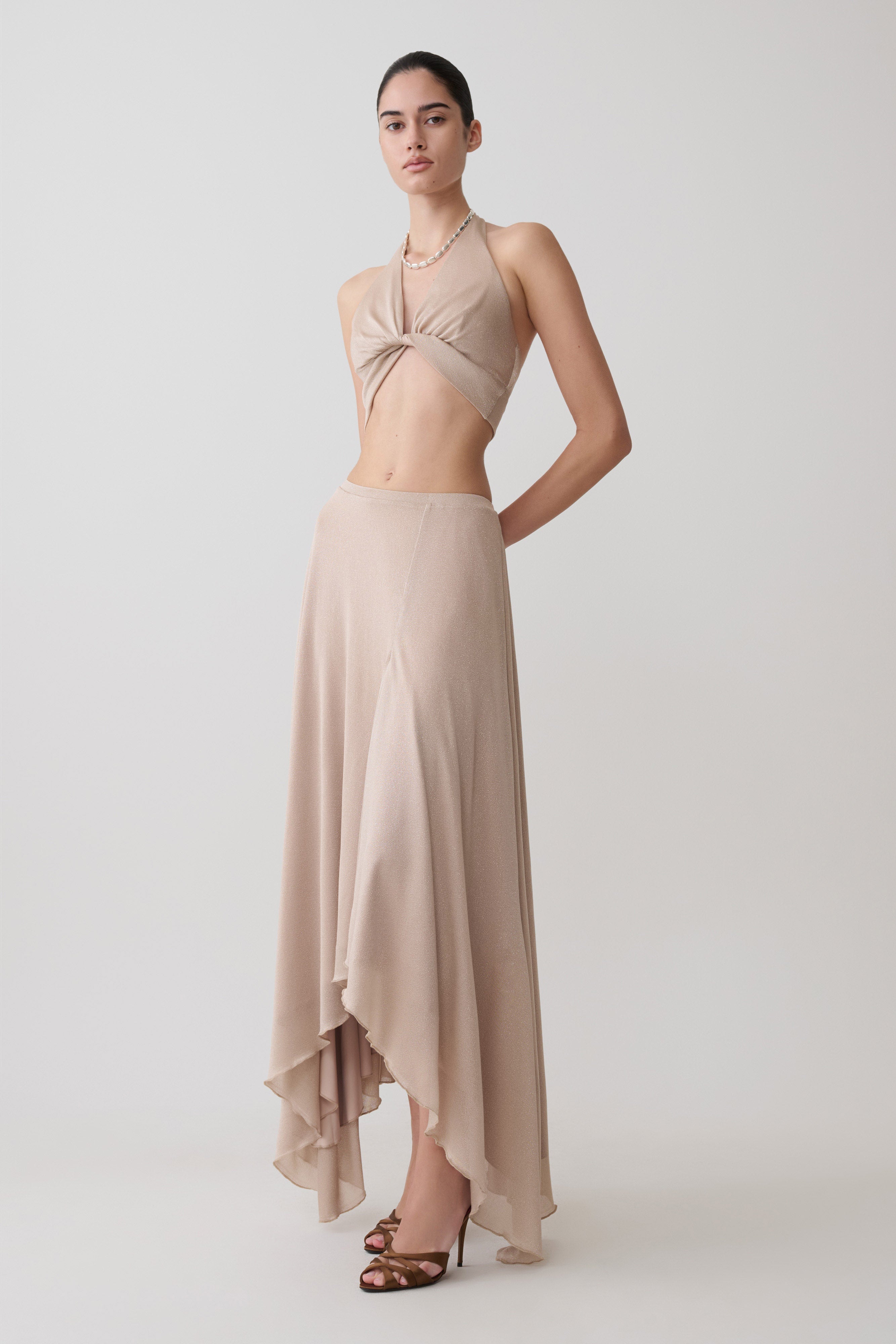 Nola Draped Lurex Halter Top - Gold