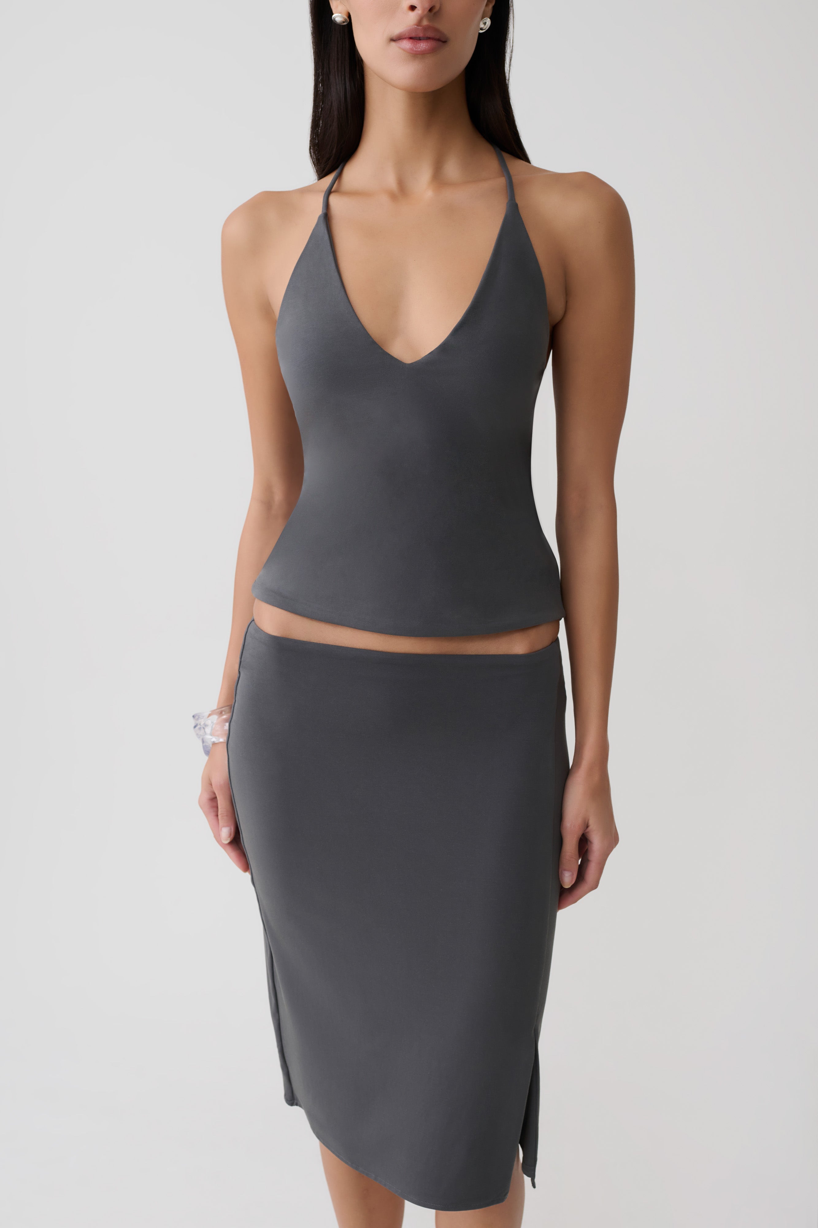 Fenn Peached Jersey Draped Back Top - Charcoal