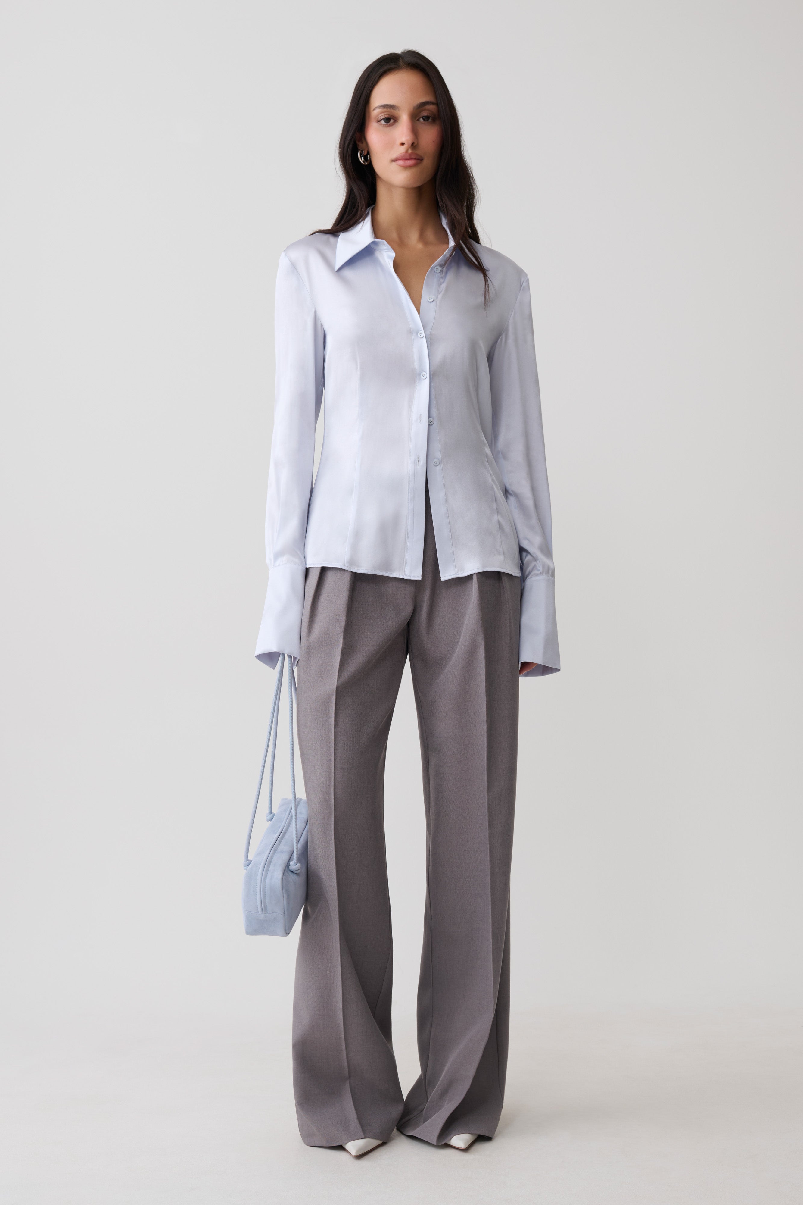 Queenie Silk Blend Long Sleeve Shirt - Ice Blue