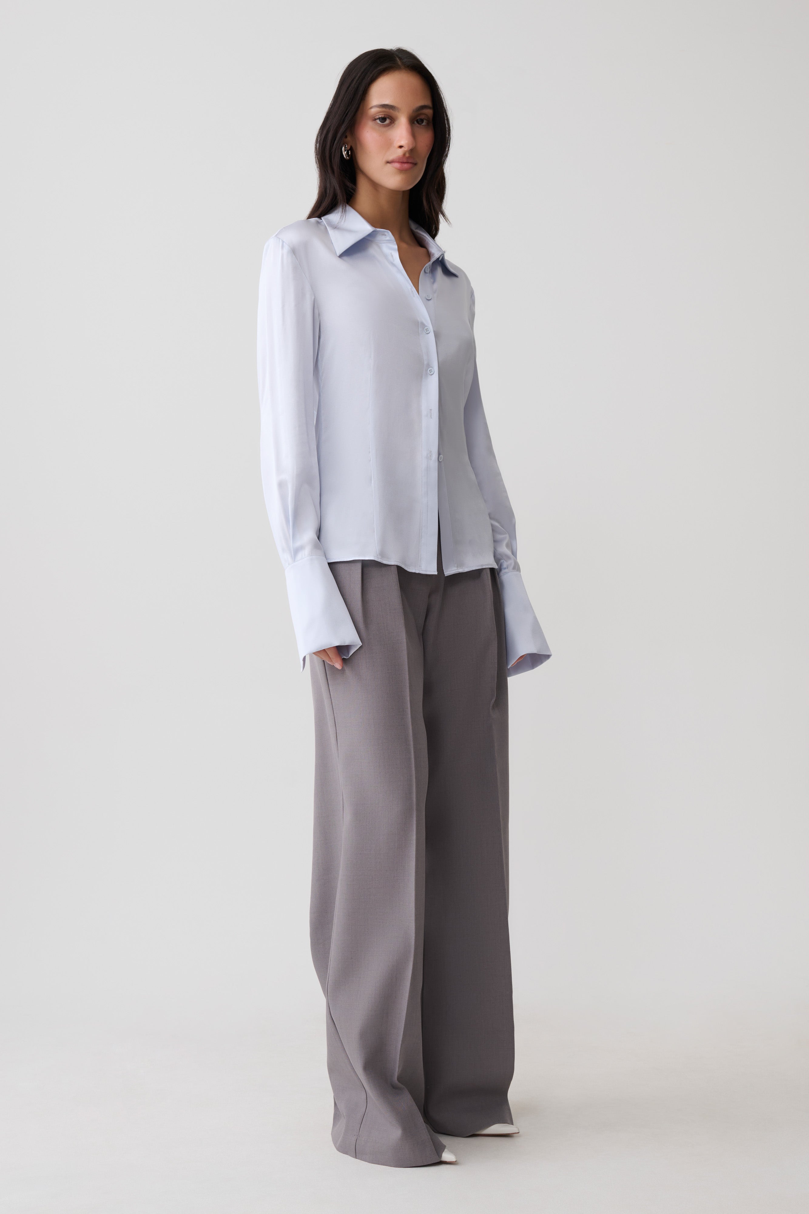 Queenie Silk Blend Long Sleeve Shirt - Ice Blue