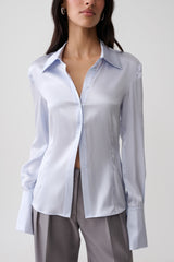 Queenie Silk Blend Long Sleeve Shirt - Ice Blue