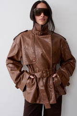 Jamie Funnel Neck Croc Faux Leather Trench - Cognac