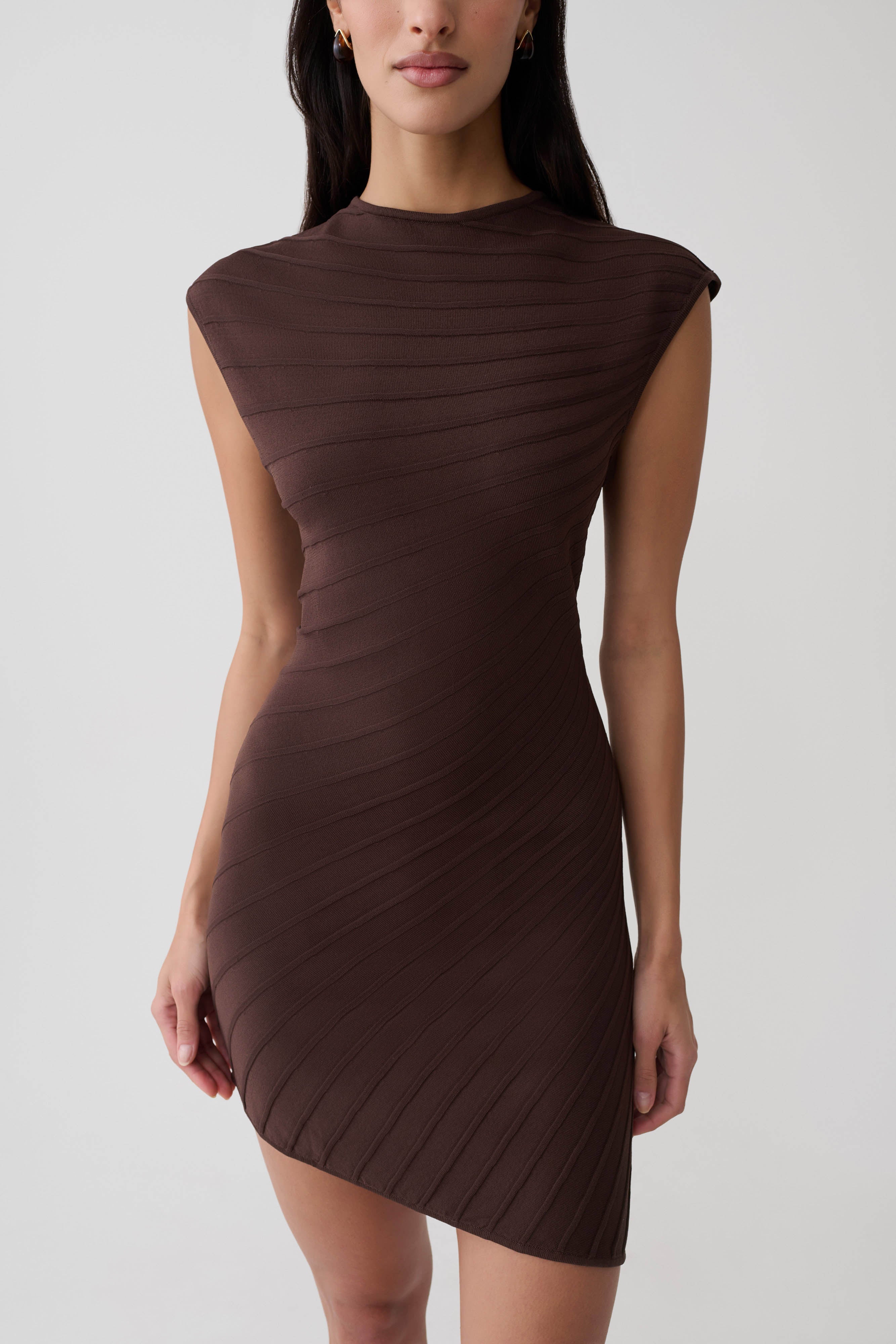 Posy Ribbed Sleeveless Mini Dress - Dark Chocolate