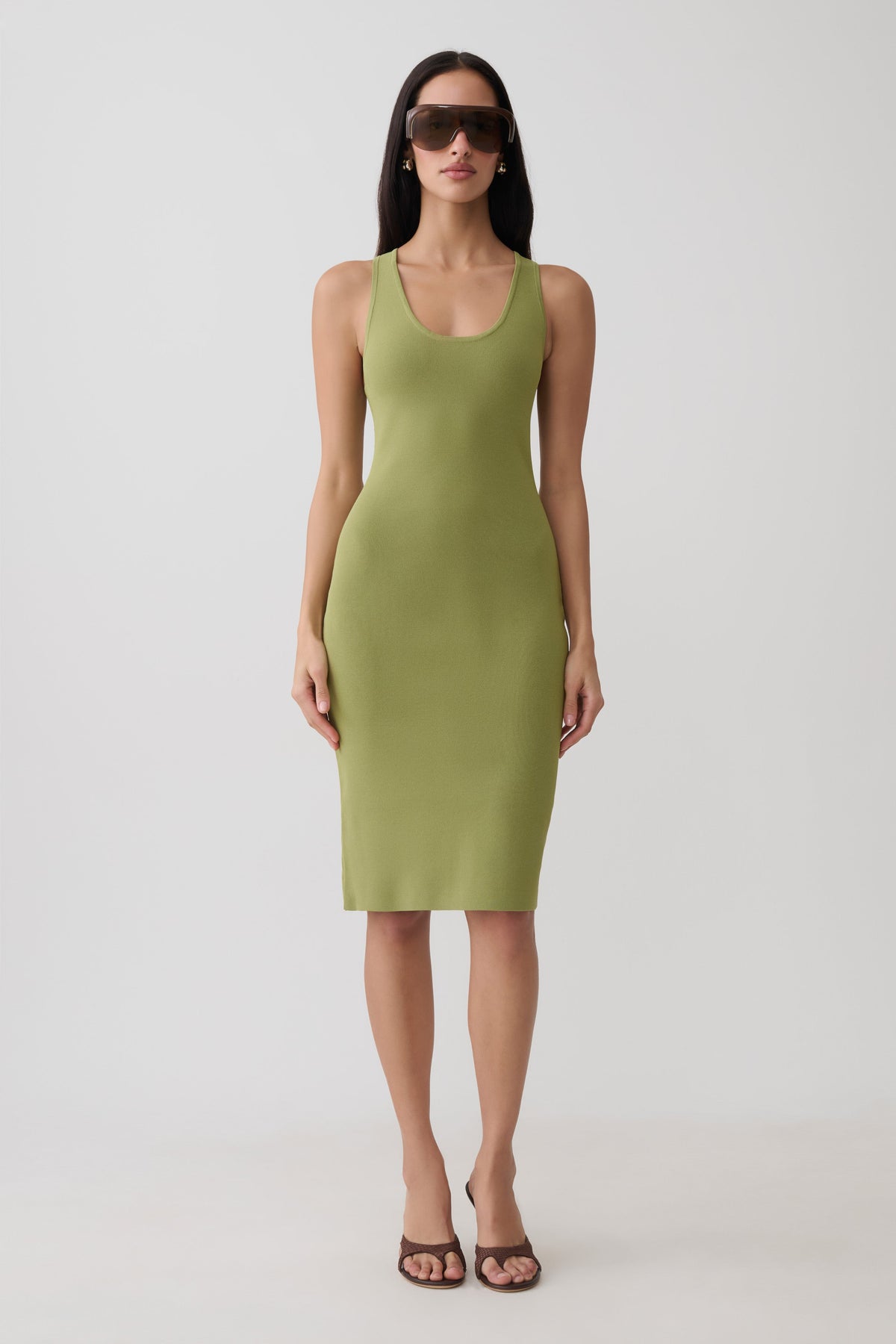 Leah Racer Back Knee Length Knit Dress - Olive