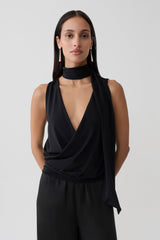 Raisa Overlap Top With Neck Scarf - Black