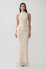 Giovanni Fringe Knit Midi Skirt - Cream
