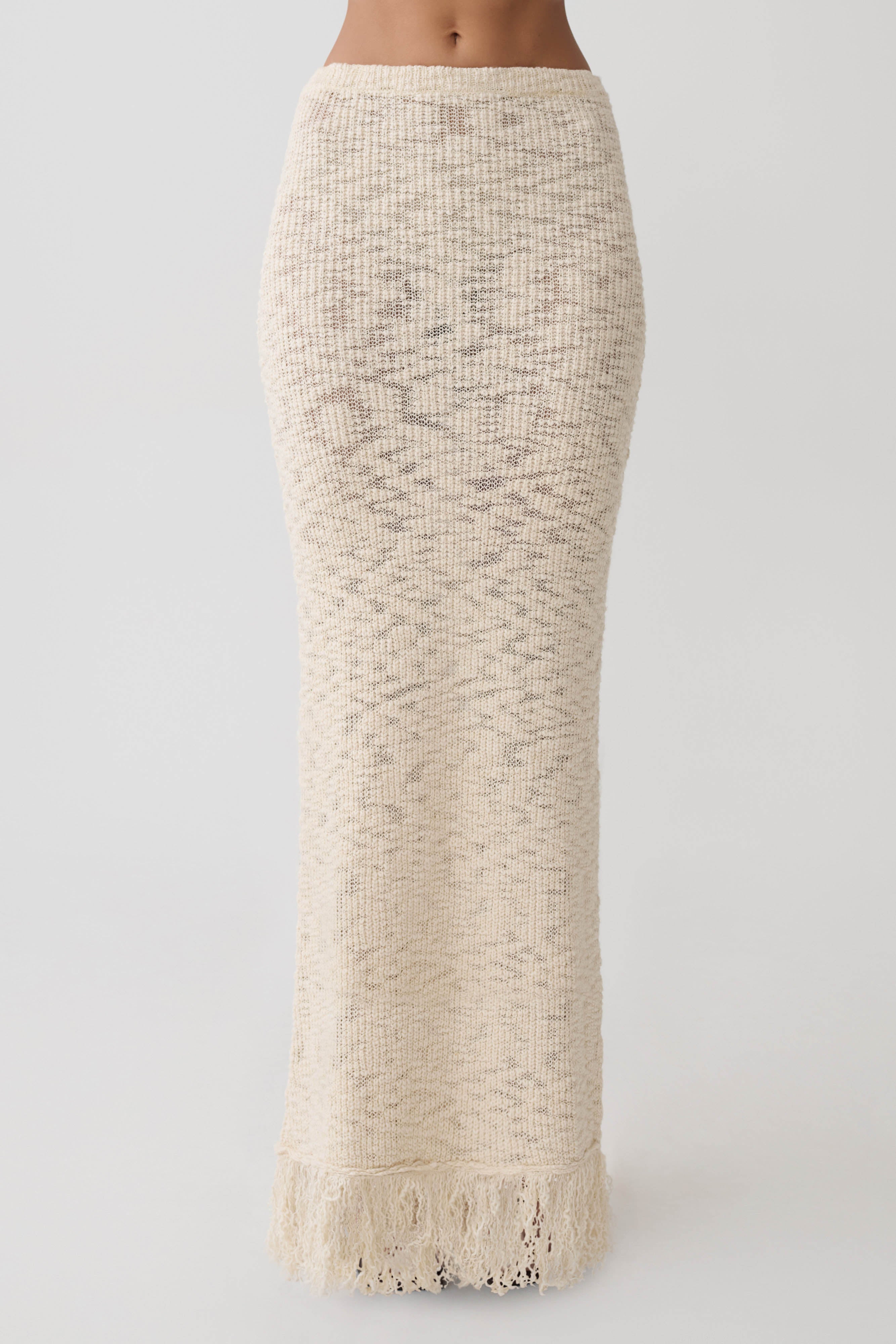 Giovanni Fringe Knit Midi Skirt - Cream