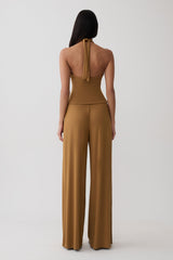 Krysh Wide Leg Peached Jersey Pants - Caramel