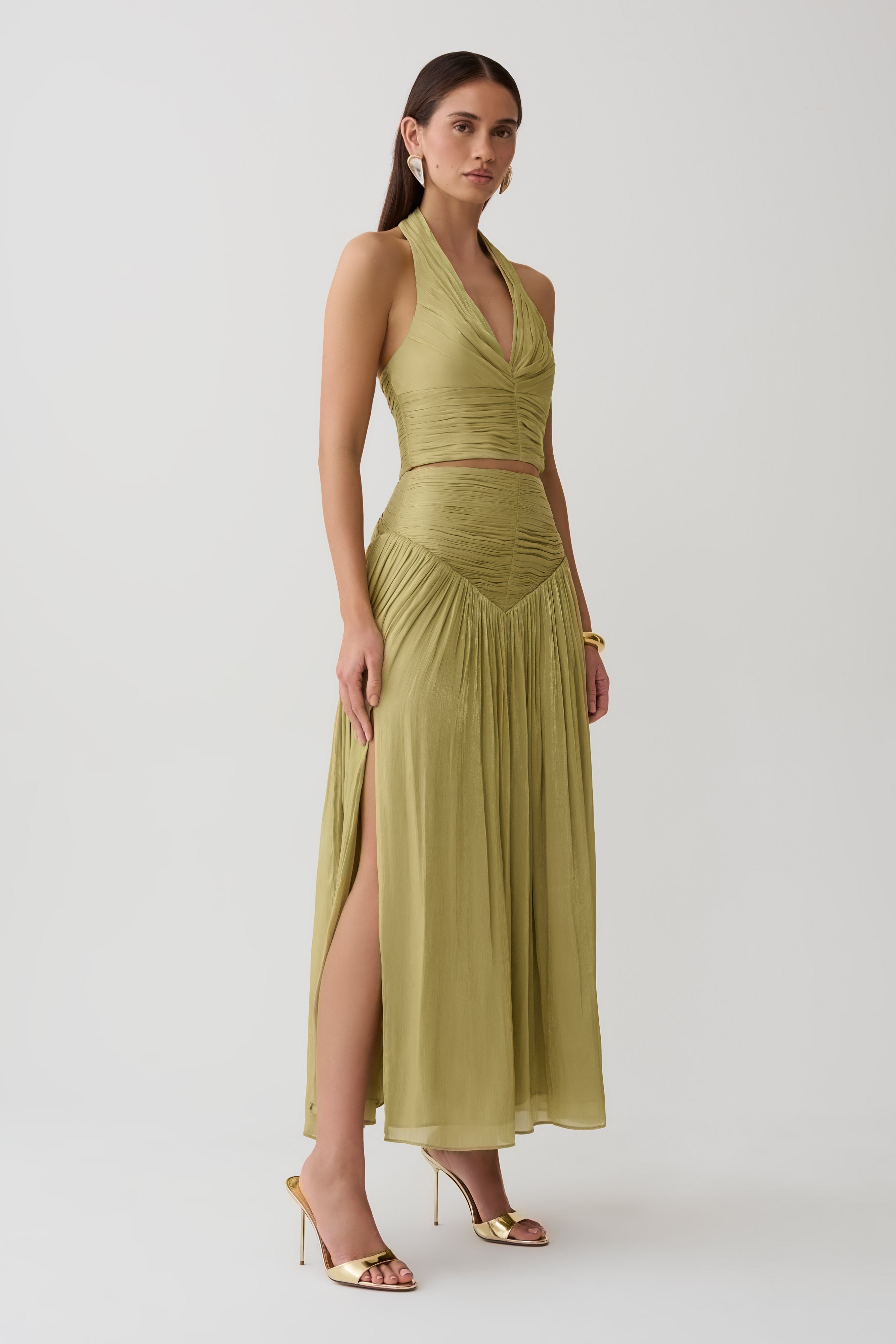 Makena Gathered V Neck Top - Green
