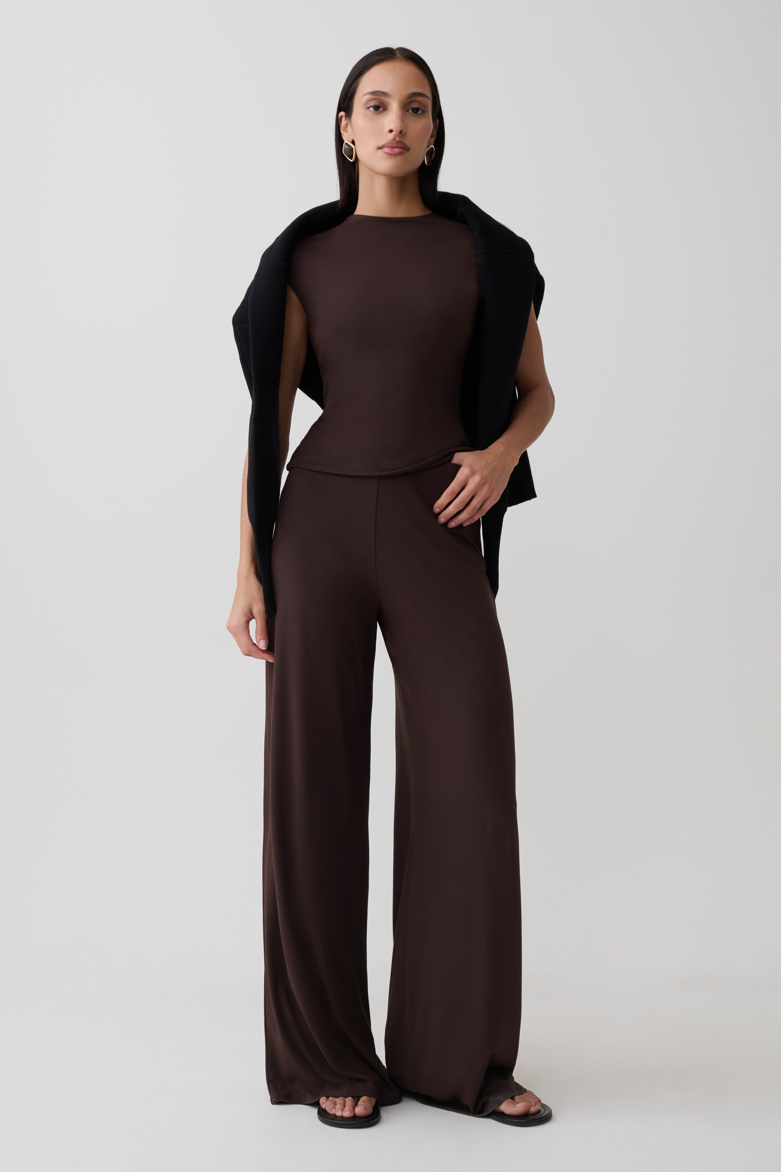 Krysh Wide Leg Peached Jersey Pants - Chocolate
