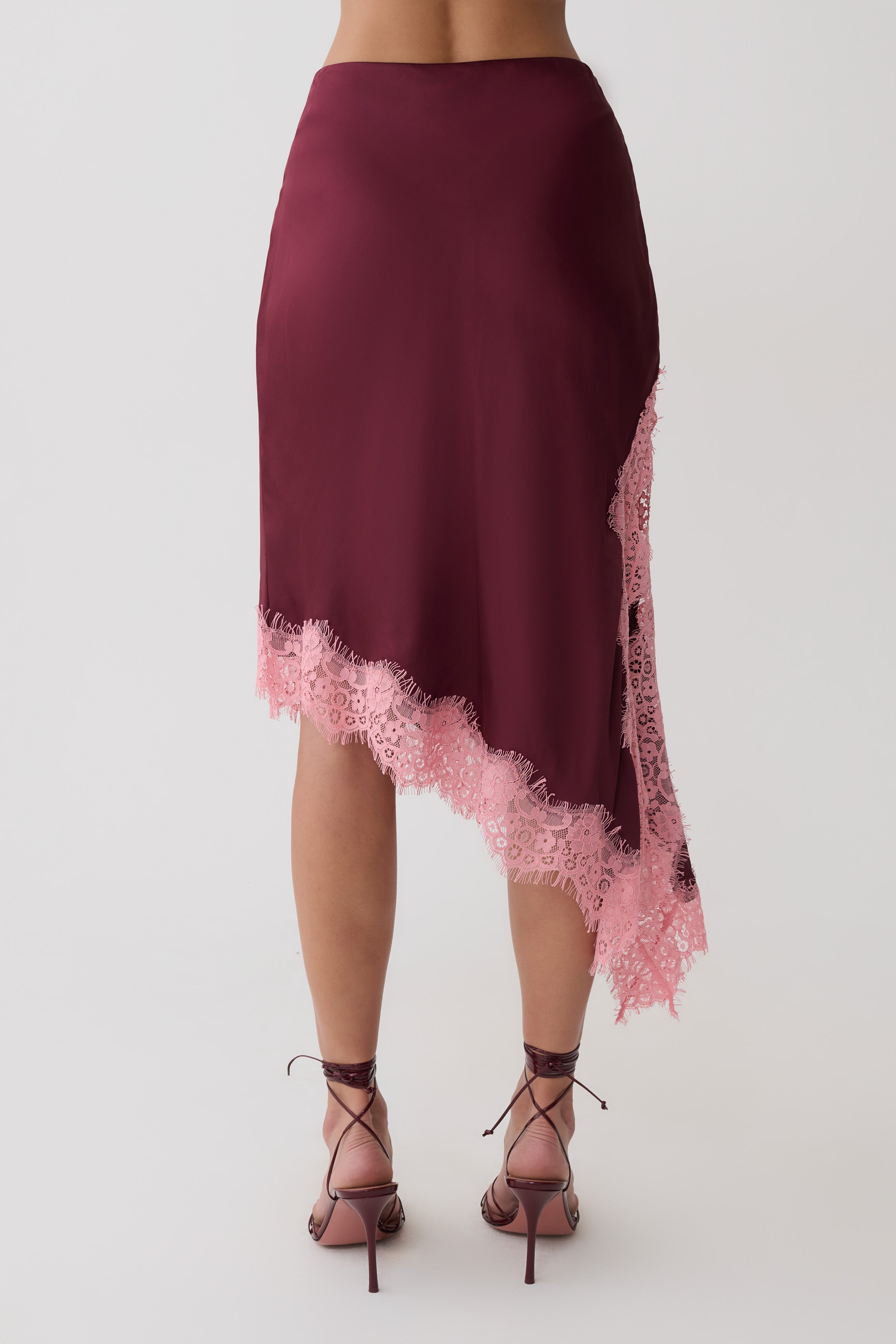 Amber Satin And Lace Midi Skirt - Burgundy
