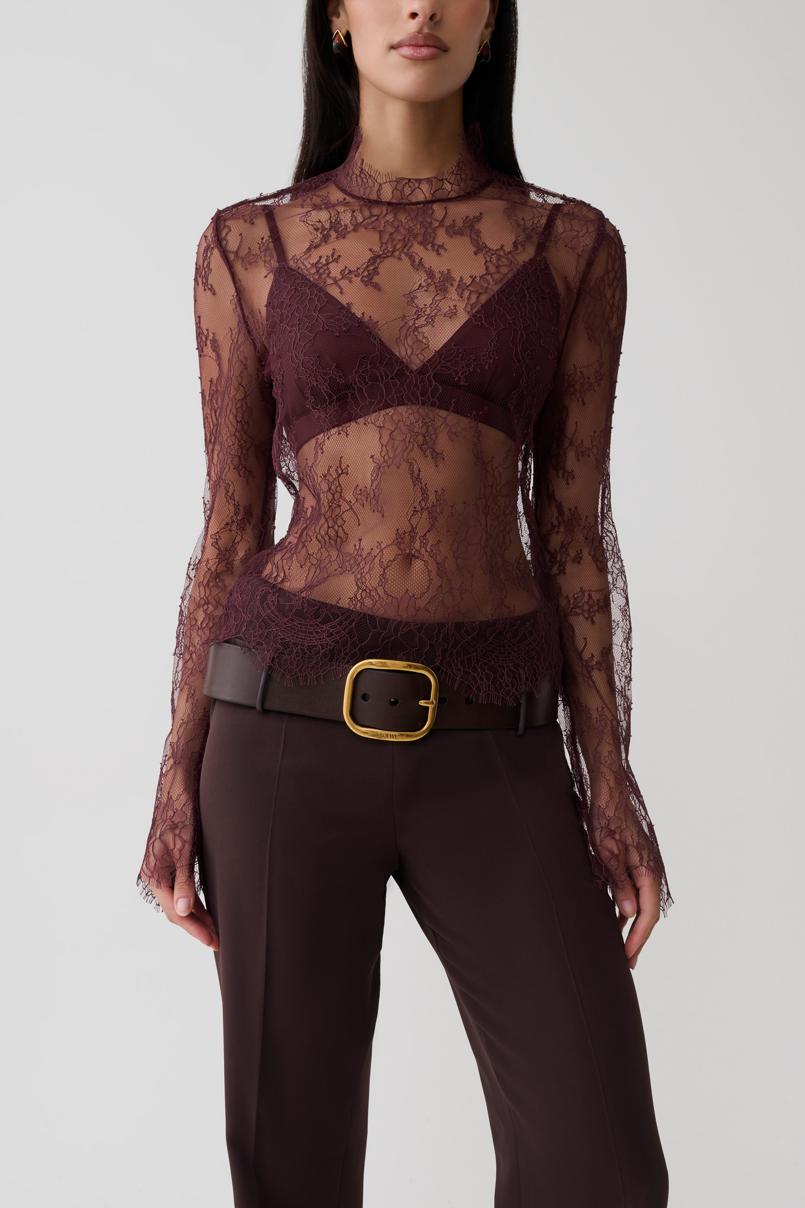 Alizette High Neck Long Sleeve Lace Top - Burgundy