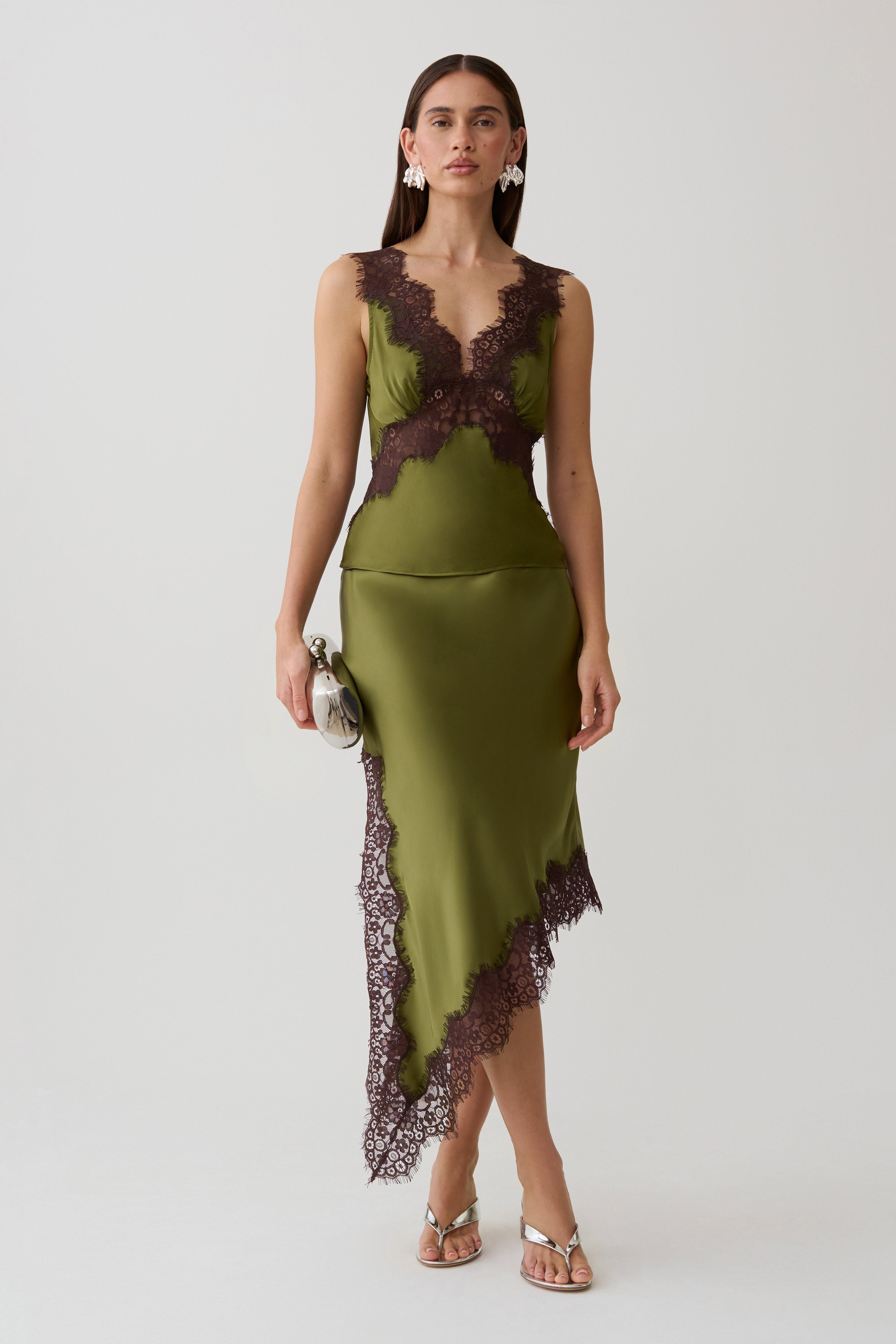 Amber Satin And Lace Midi Skirt - Olive