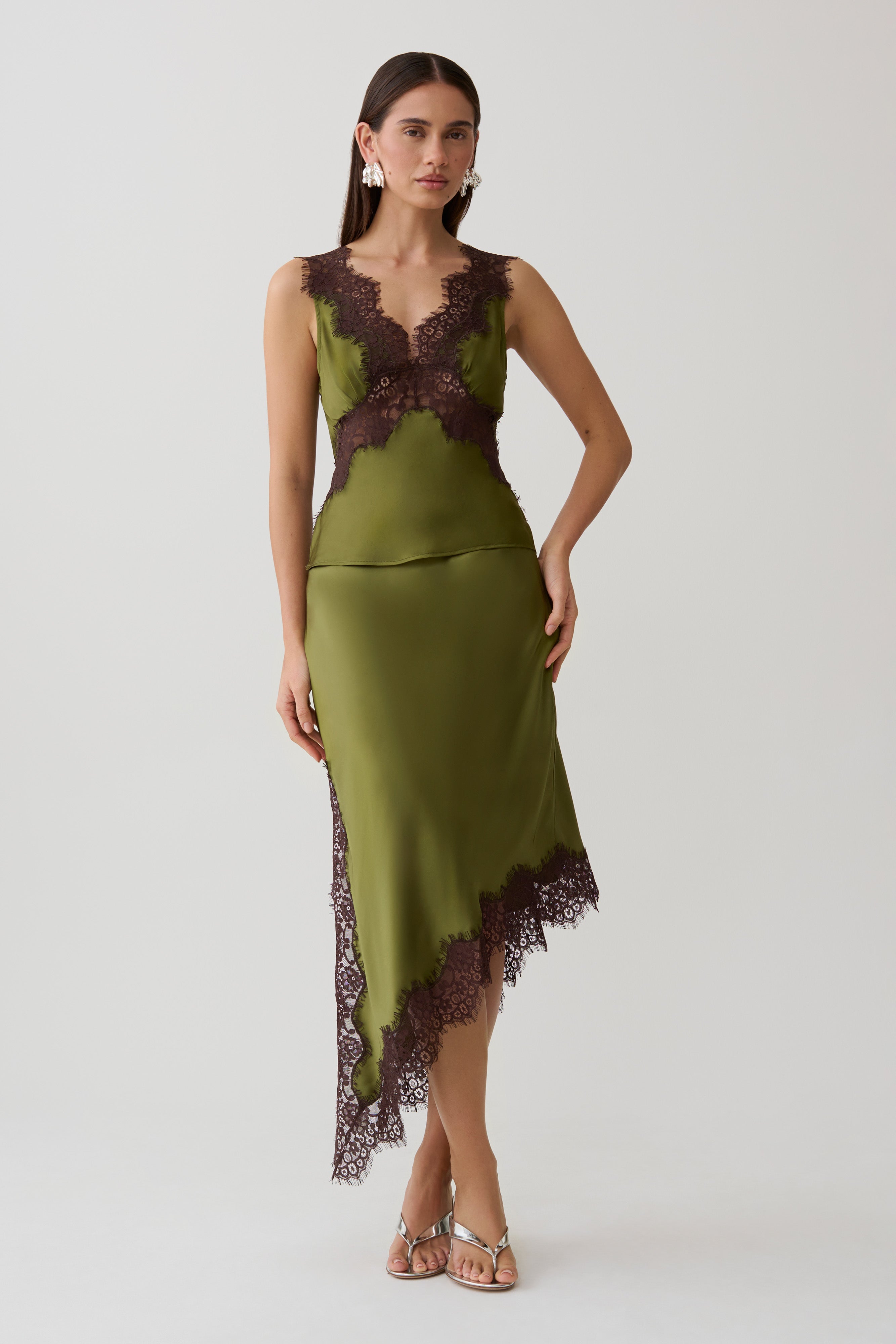 Amber Satin And Lace Camisole - Olive