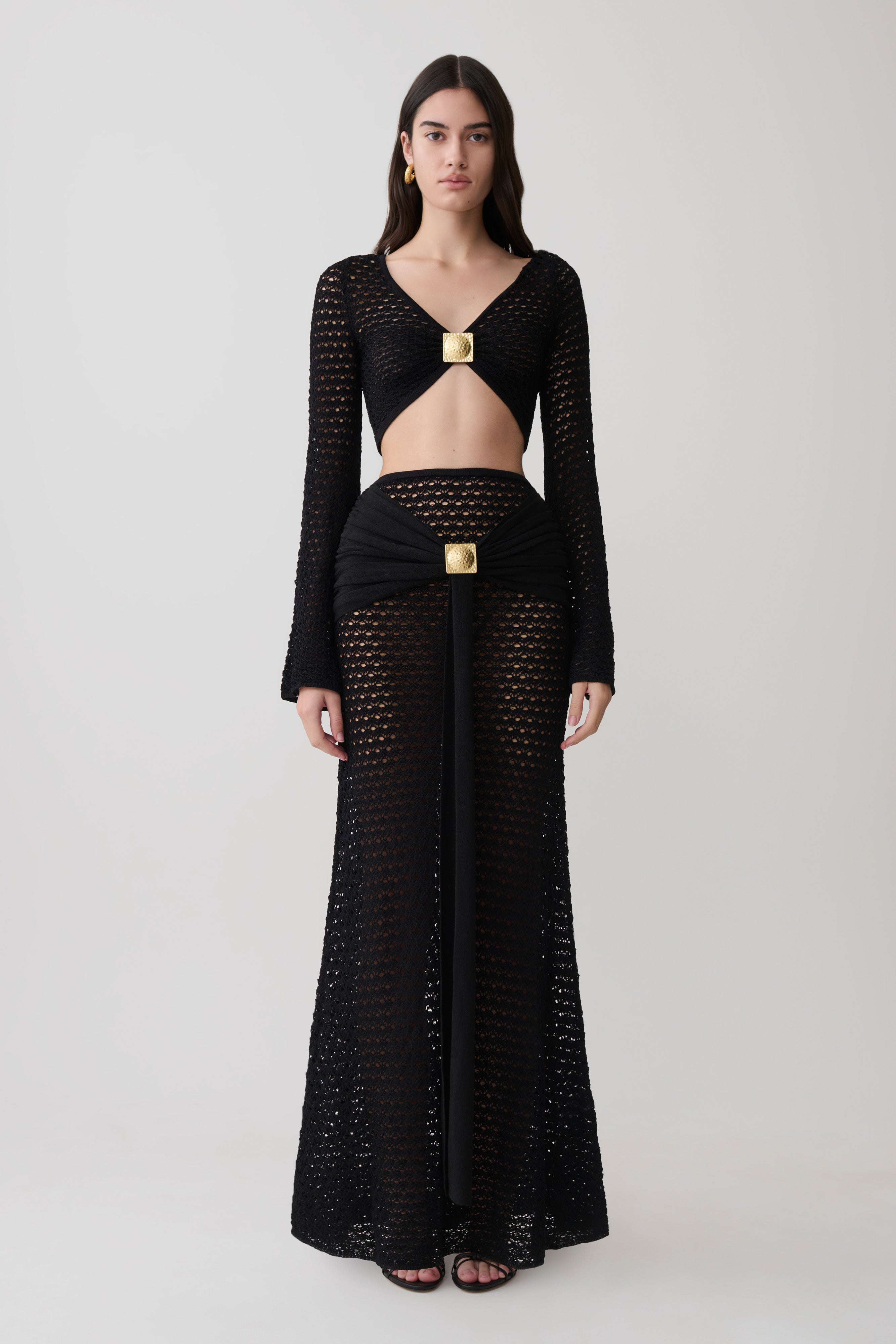 Mania Crochet Long Sleeve Cropped Top - Black