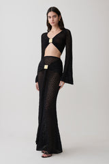 Mania Crochet Long Sleeve Cropped Top - Black