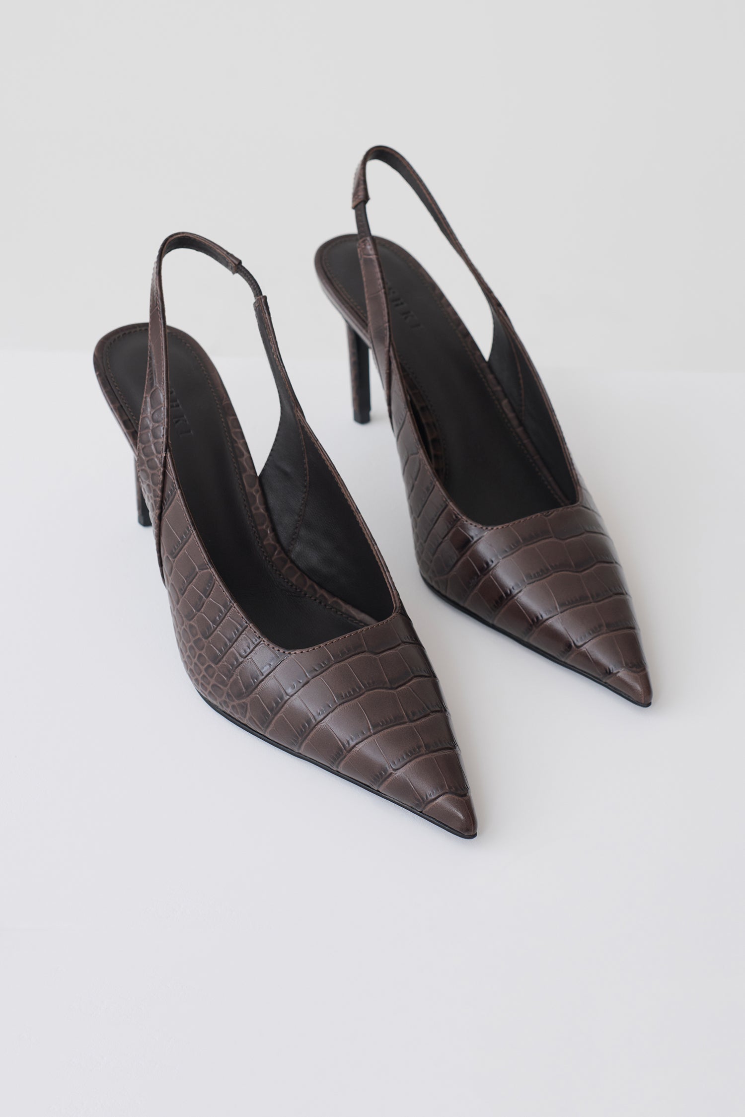 Samar Pointed Sling Back Heels - Chocolate Croc