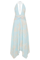 Cyra Plunge Chiffon Midi Dress - Blue Floral Print