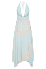 Cyra Plunge Chiffon Midi Dress - Blue Floral Print